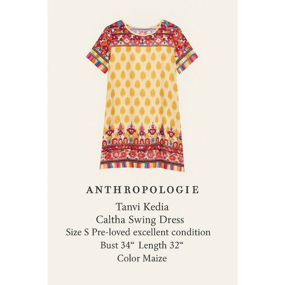 Anthropologie Tanvi Kedia Caltha Swing Dress Maize Yellow Print Boho Size S - Picture 3 of 4